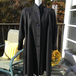 Vintage wool blend black petite swing coat with rhinestones on the shoulder area